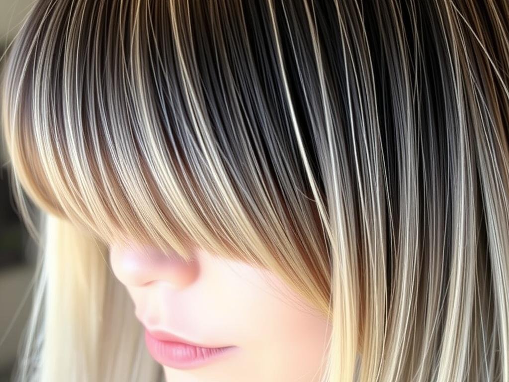 Close-up of curtain bangs in a shag haircut for thick hair