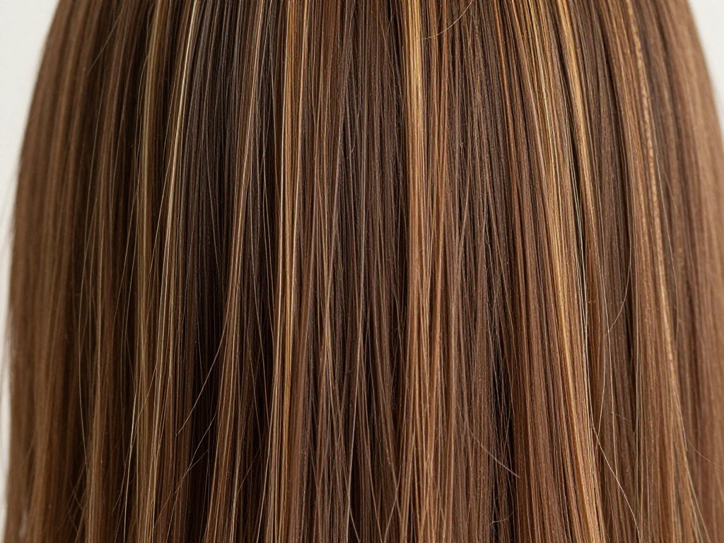 Close-up of fine babylights on medium brown hair Close-up of fine babylights on medium brown hair