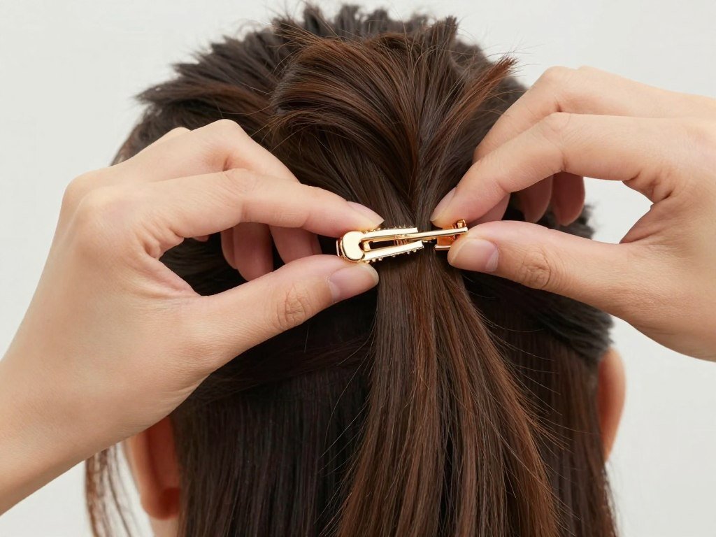 Close-up of hands placing a claw clip in hair for a half up half down style Close-up of hands placing a claw clip in hair for a half up half down style