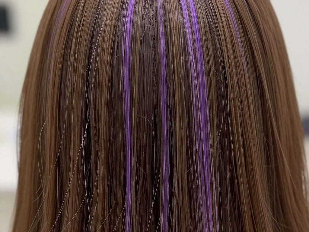 Close-up of healthy brown hair being assessed before adding purple highlights