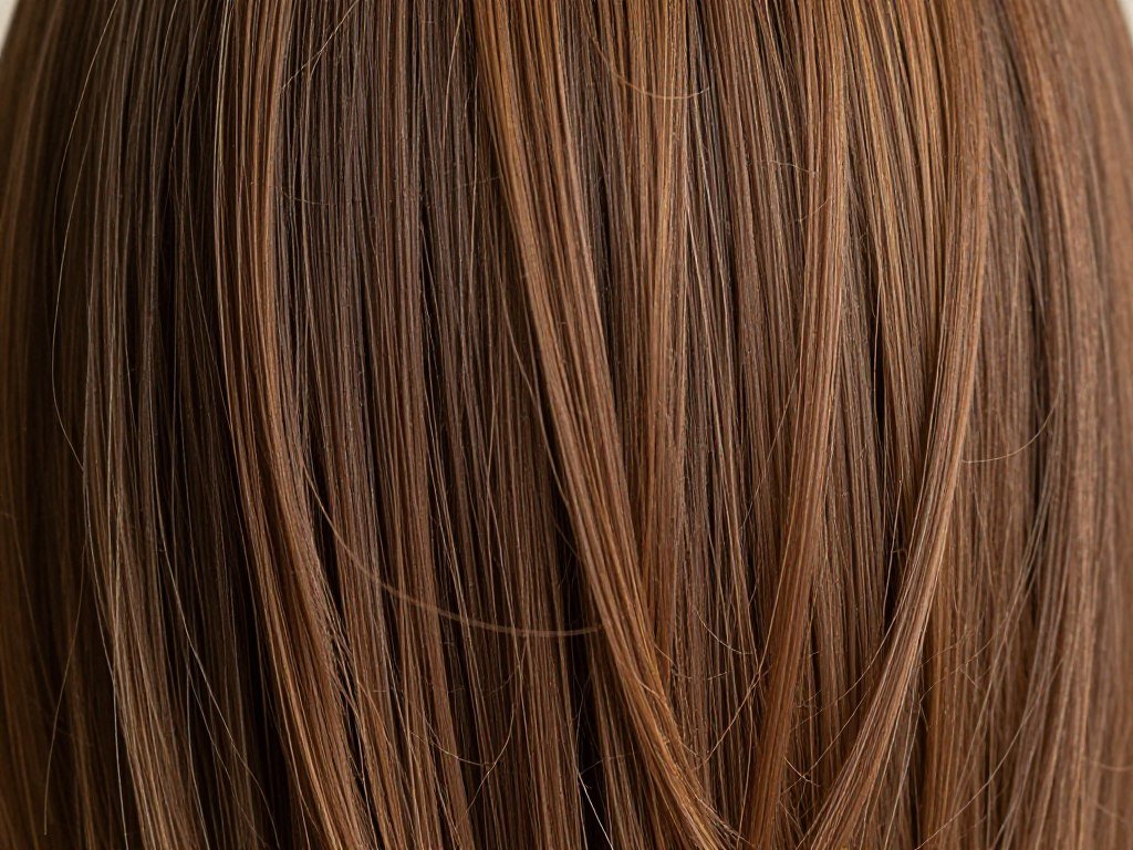 Close-up of medium brown hair with fine, delicate babylights mimicking natural sun-lightened hair Close-up of medium brown hair with fine, delicate babylights mimicking natural sun-lightened hair