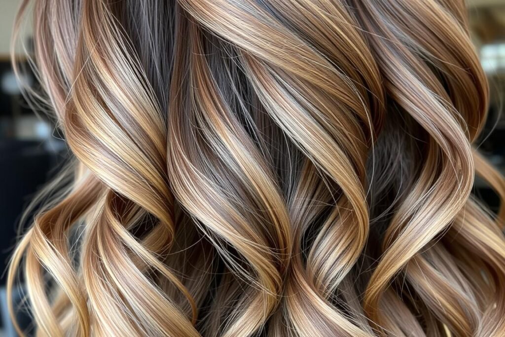 Close-up of mushroom brown balayage on wavy hair showing dimension and movement