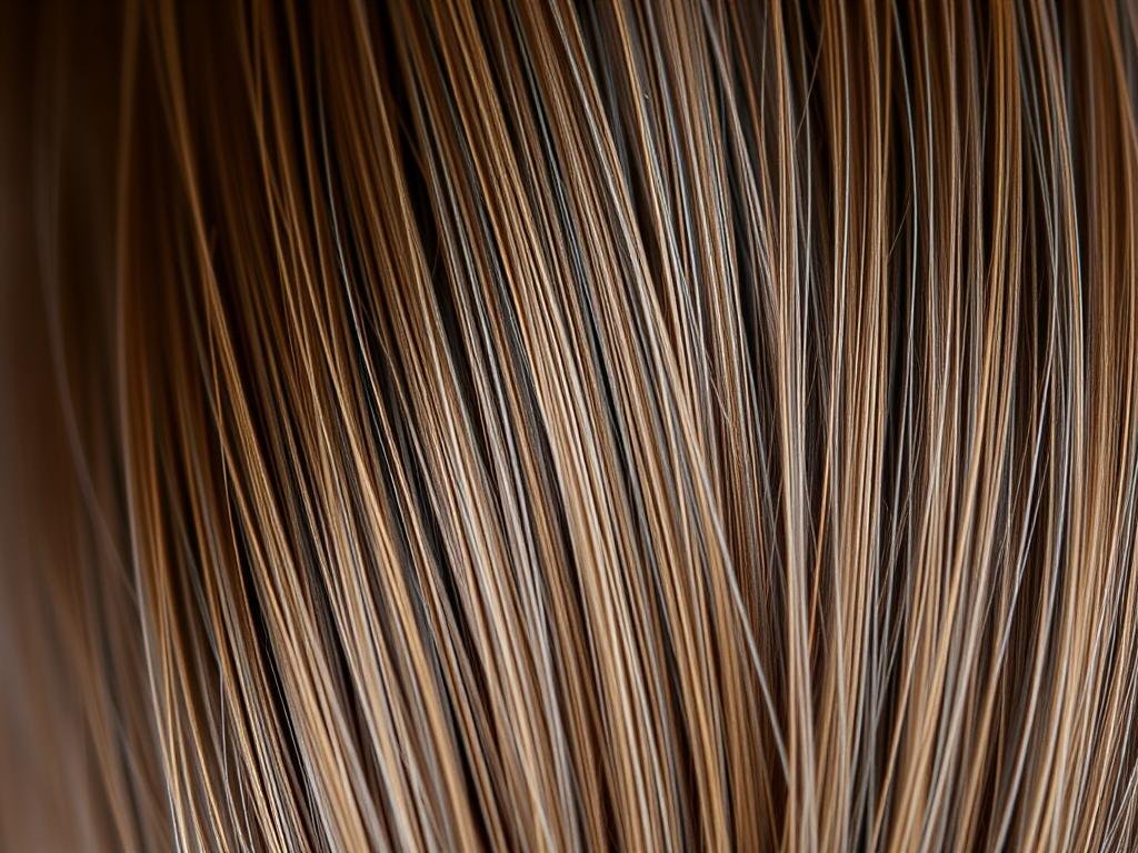 Close-up of mushroom brown hair color showing the ashy undertones and dimensional highlights