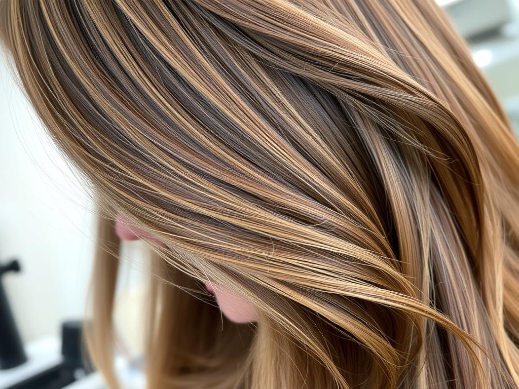Close-up of side-swept bangs blending with layers in medium length thick hair