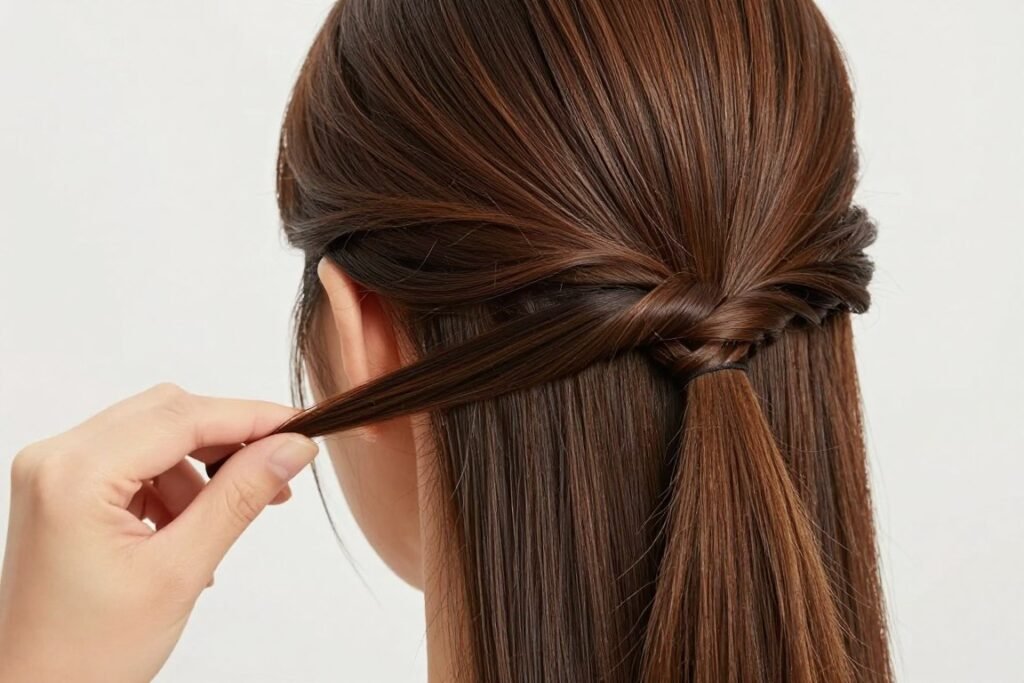 Close-up of sleek half up ponytail showing how to hide the elastic