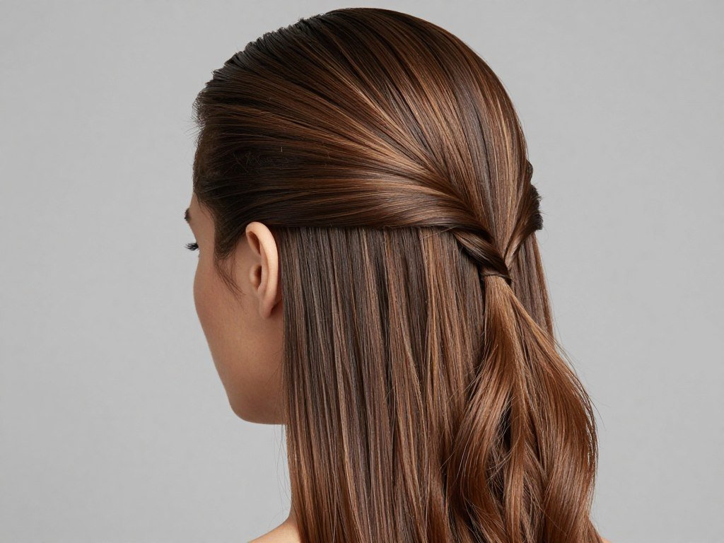 Close-up of slick back half up half down hair showing the contrast between slick top and flowing bottom sections Close-up of slick back half up half down hair showing the contrast between slick top and flowing bottom sections