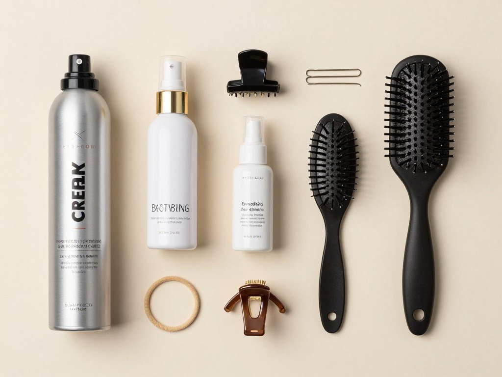 Close-up of styling products and tools for half up half down claw clip hairstyles Close-up of styling products and tools for half up half down claw clip hairstyles