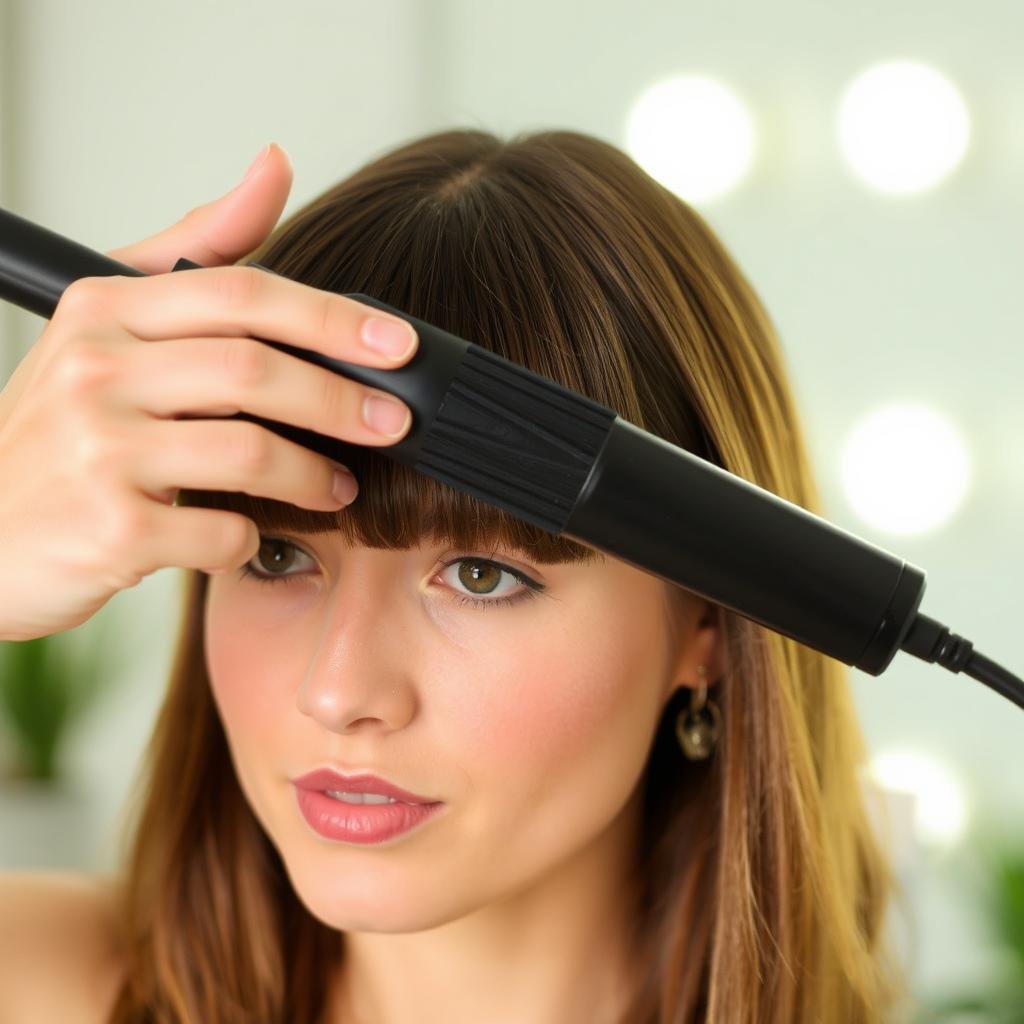 Close-up of woman styling blunt bangs with a flat brush