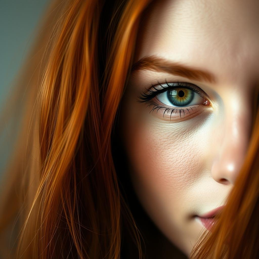Close-up of woman with green eyes and red copper hair showing the complementary color effect Close-up of woman with green eyes and red copper hair showing the complementary color effect
