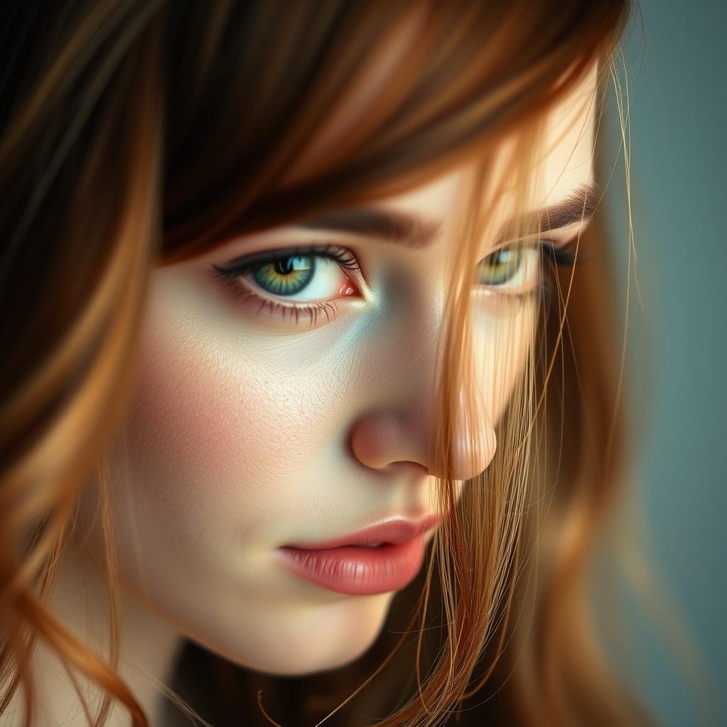 Close-up portrait of woman with teddy bear brown hair and green eyes showing how the hair color enhances eye color