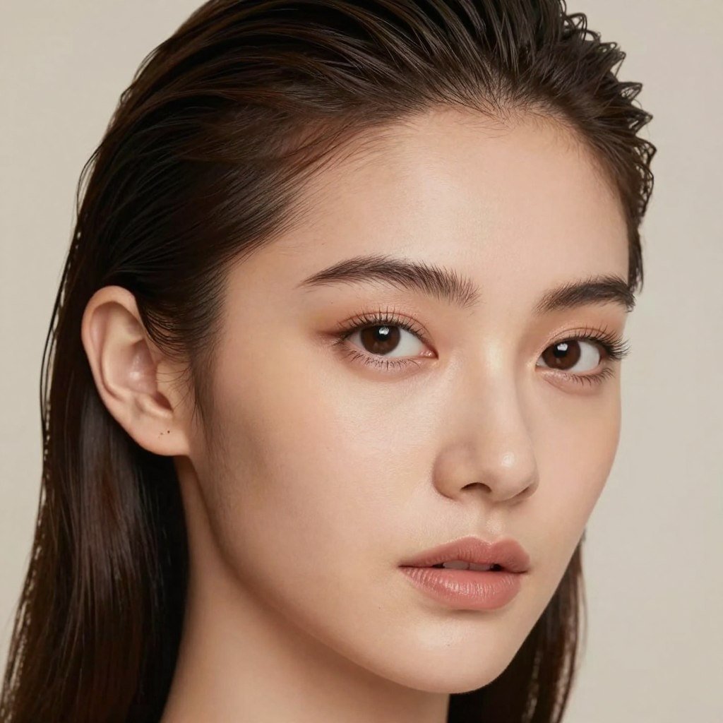 Close-up portrait showing how slick back half up half down hair frames the face Close-up portrait showing how slick back half up half down hair frames the face