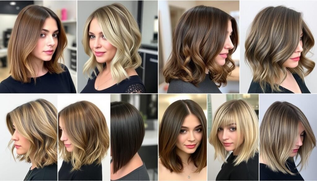 Collage of 7 flattering medium length haircuts for round faces