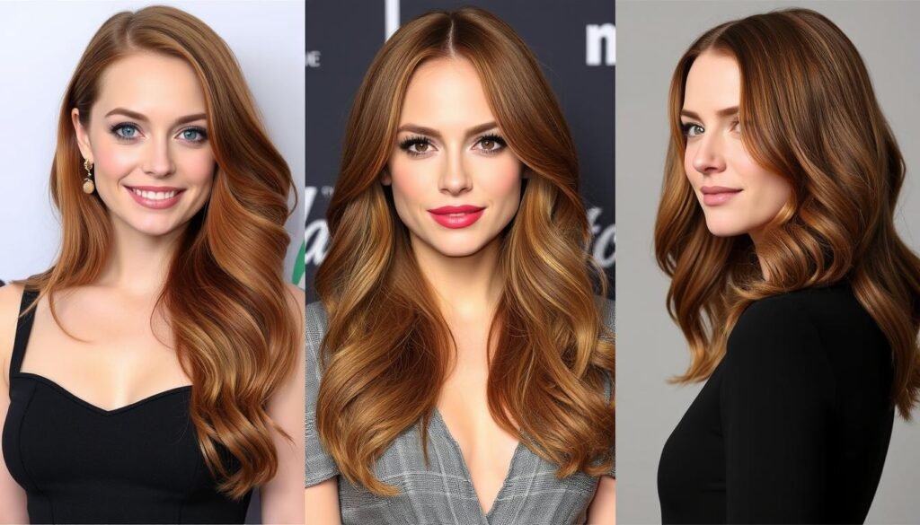 Collage of celebrities with auburn hair and highlights