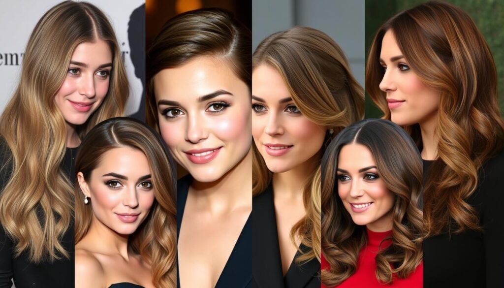 Collage of celebrities with different variations of mushroom brown hair color