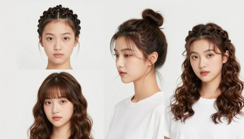 Collage of cute half up half down hairstyles showing various styles from braided crowns to messy buns