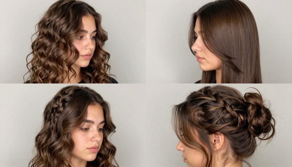 Collage of different hairstyles that enhance highlights on brown hair Collage of different hairstyles that enhance highlights on brown hair