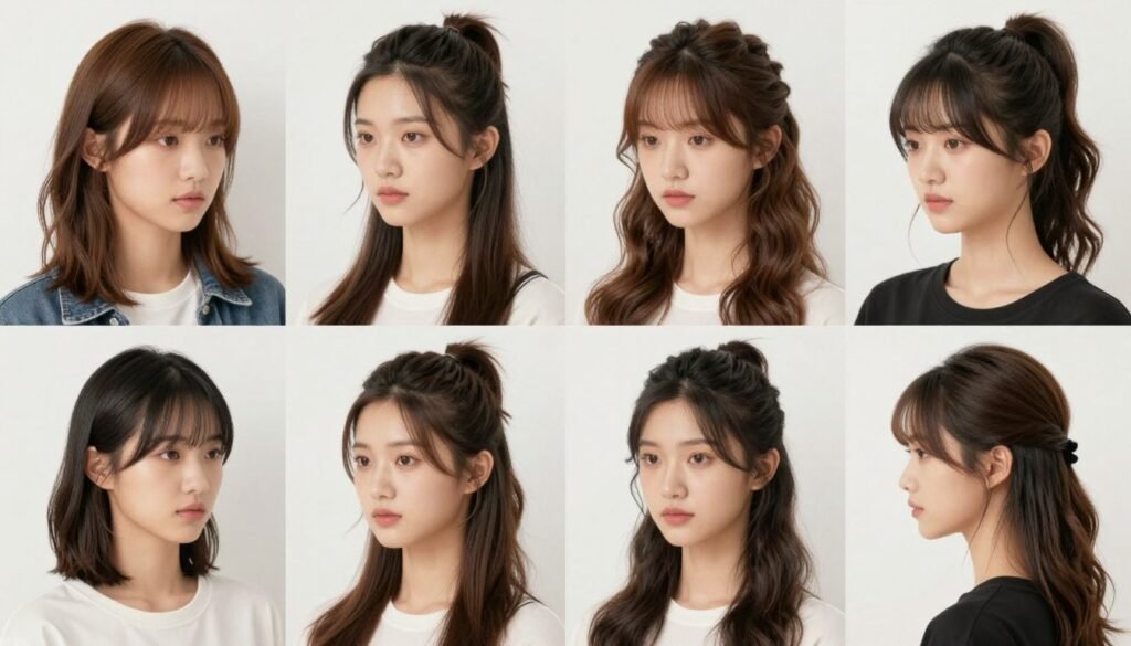 Collage of different half up half down hairstyles showing the versatility of the style