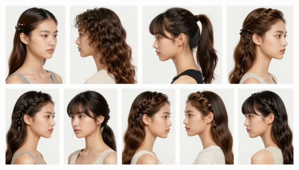 Collage of different half up half down hairstyles showing versatility across occasions