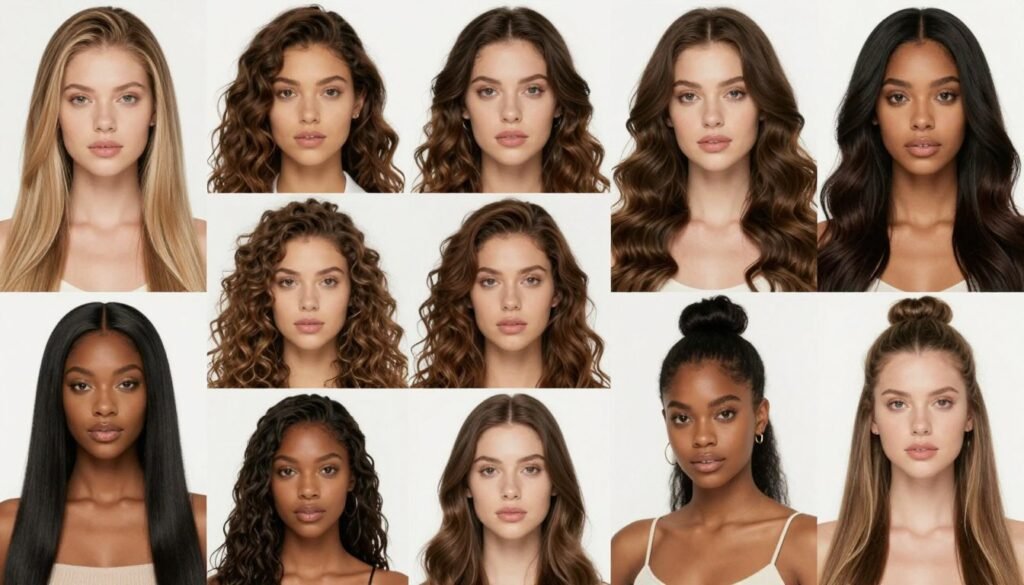 Collage of diverse women confidently wearing different styles of half up half down wigs