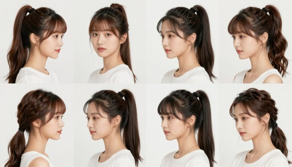 Collage of diverse women wearing different variations of half up half down pigtails Collage of diverse women wearing different variations of half up half down pigtails