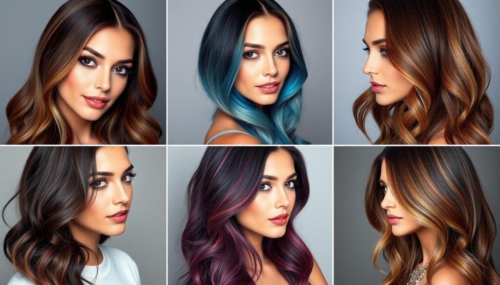 Collage of fun hair color ideas for brunettes showing various highlighting techniques and color options