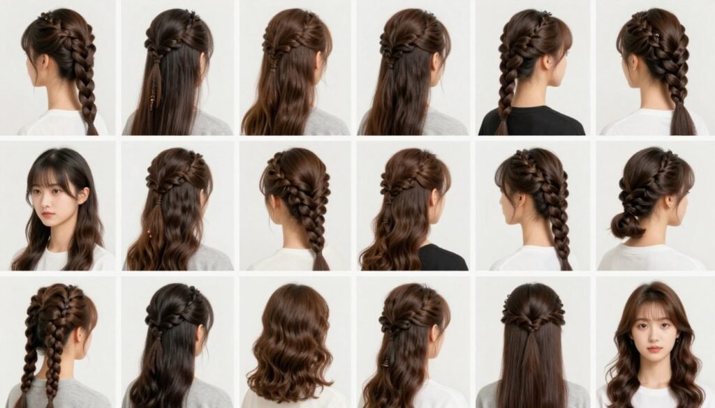 Collage of half up half down braid styles for different occasions from casual to formal Collage of half up half down braid styles for different occasions from casual to formal