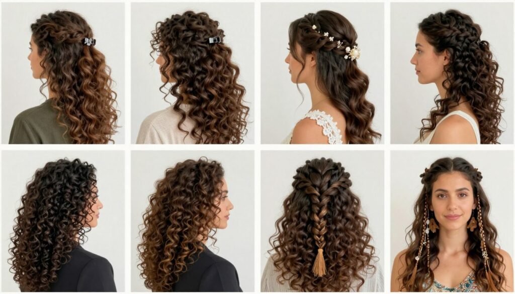 Collage of half up half down curly hair styles for different occasions