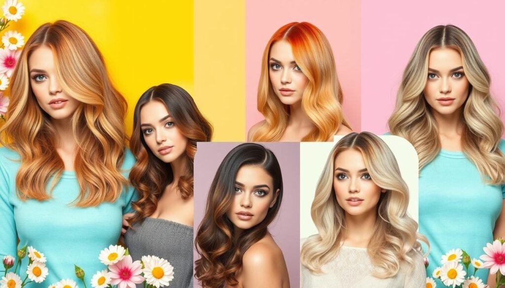 Collage of spring hair color trends showing various models with different trendy hair colors for the season