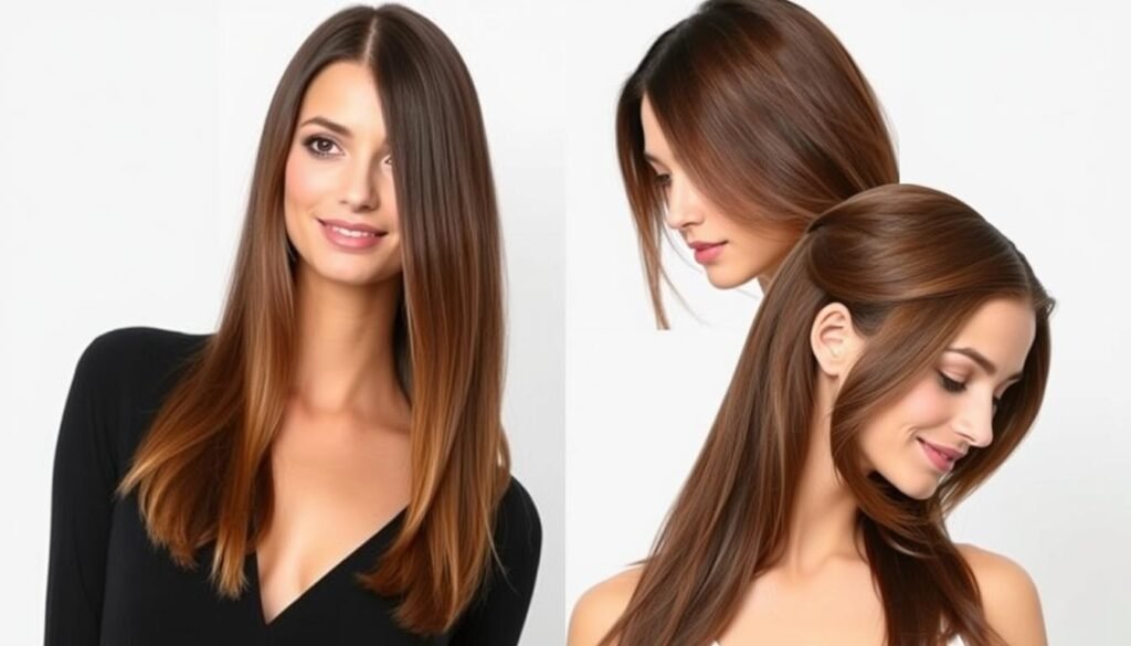 Collage of styling variations for medium length straight haircut