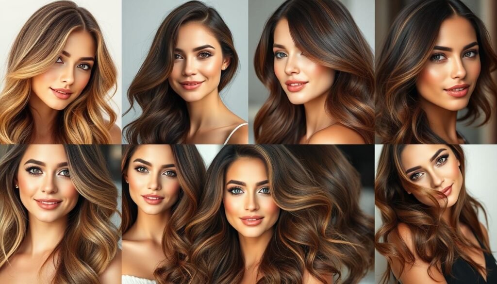 Collage of summer hair color ideas for brunettes for summer showing various styles and techniques