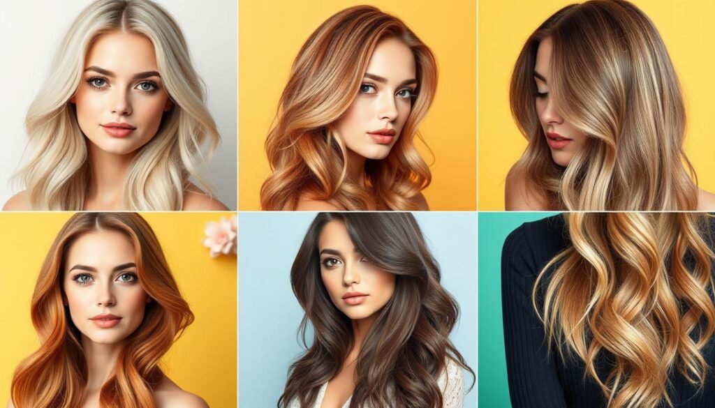 Collage of women with different spring hair color trends showing various styles and techniques