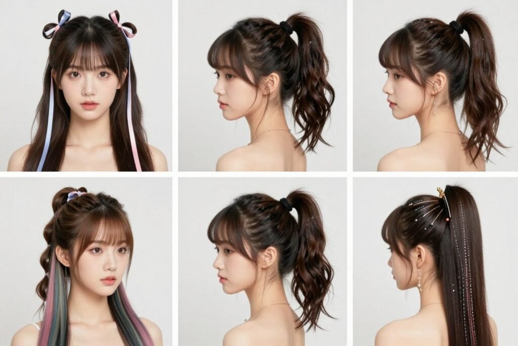 Collage showing five additional variations of half up half down pigtails styles Collage showing five additional variations of half up half down pigtails styles