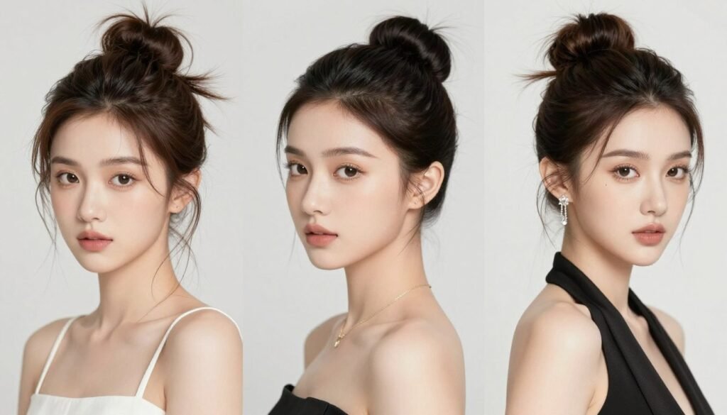 Collage showing three different half up half down bun styles for casual, work, and formal occasions Collage showing three different half up half down bun styles for casual, work, and formal occasions