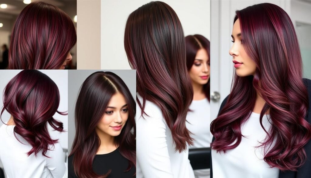 Collection of burgundy and wine-colored brunette hair showing various purple-red tones