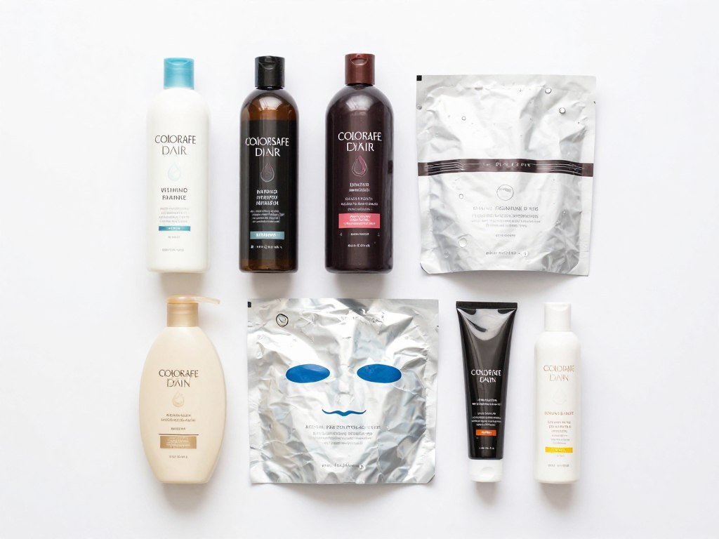 Collection of color-safe hair products for maintaining medium brown hair with highlights Collection of color-safe hair products for maintaining medium brown hair with highlights