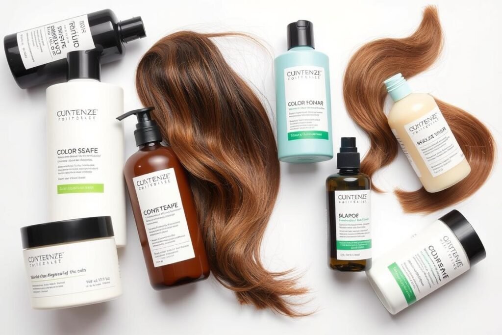 Collection of color-safe hair products specifically for brunette hair