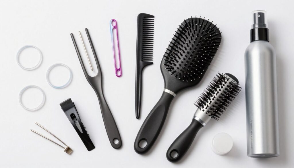 Collection of essential hair styling tools for easy half up half down hair styles including brushes, bobby pins, hair ties, and styling products