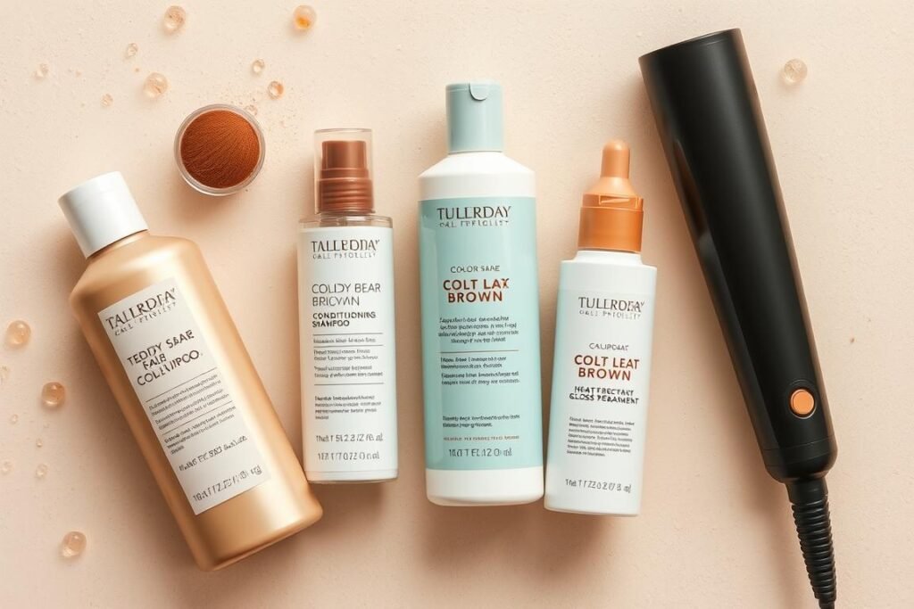Collection of recommended hair care products for maintaining teddy bear brown hair color