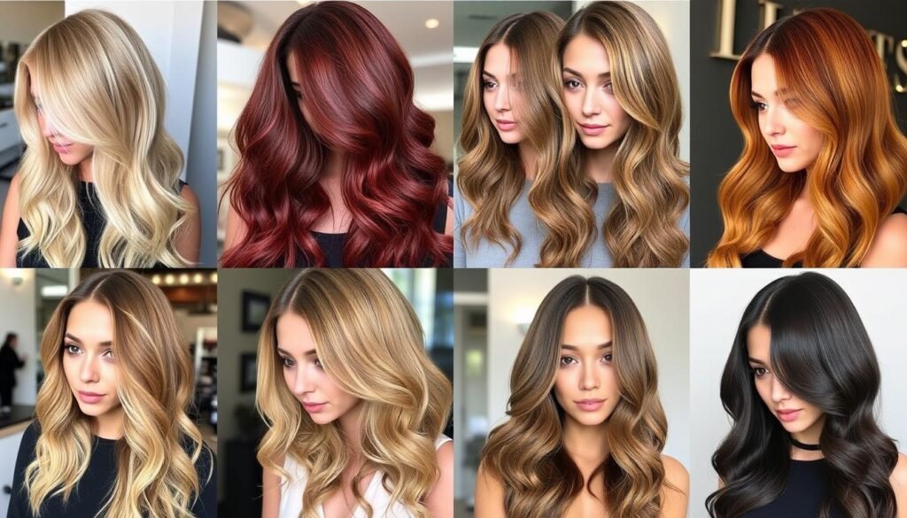 Collection of spring hair color trends for 2025 including honey blonde, cherry cola, and copper