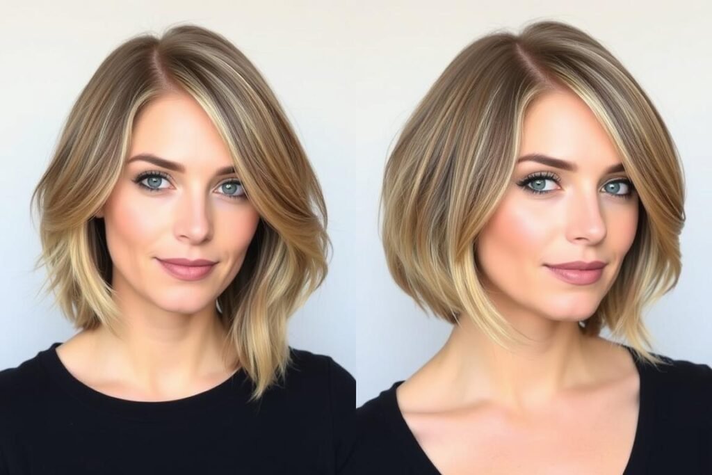 Comparison of flattering vs unflattering haircut placement for round faces