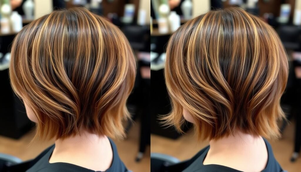 Comparison of well-maintained layers versus overgrown layers in medium length haircuts