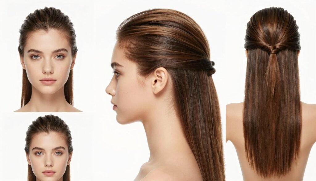 Completed slick back half up half down hairstyle from multiple angles Completed slick back half up half down hairstyle from multiple angles