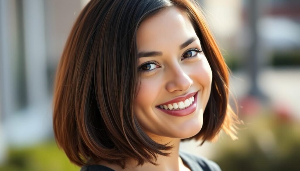 Confident woman with a flattering medium-length haircut for her round face