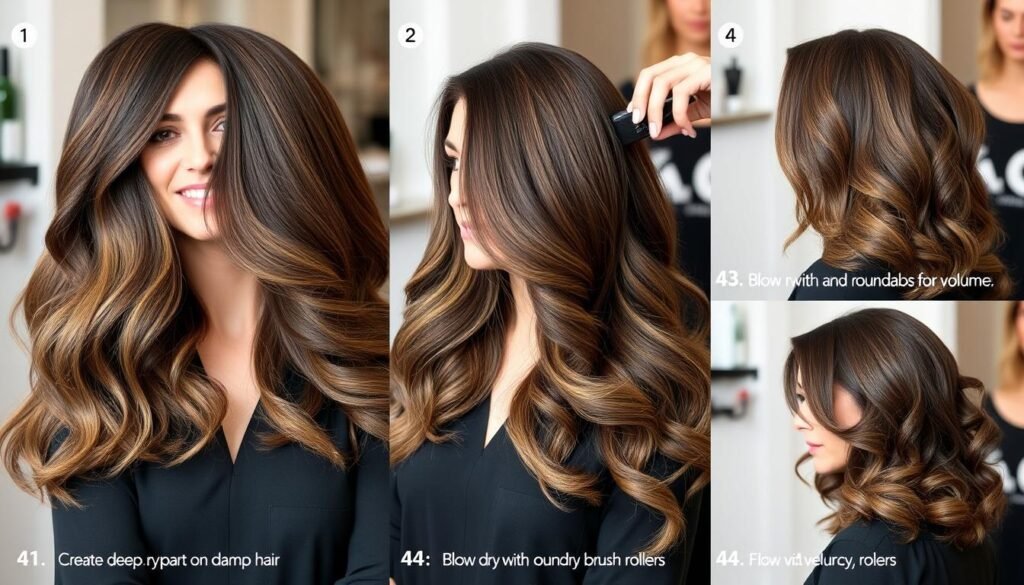 Creating a voluminous blowout on medium length hair with deep side part Creating a voluminous blowout on medium length hair with deep side part