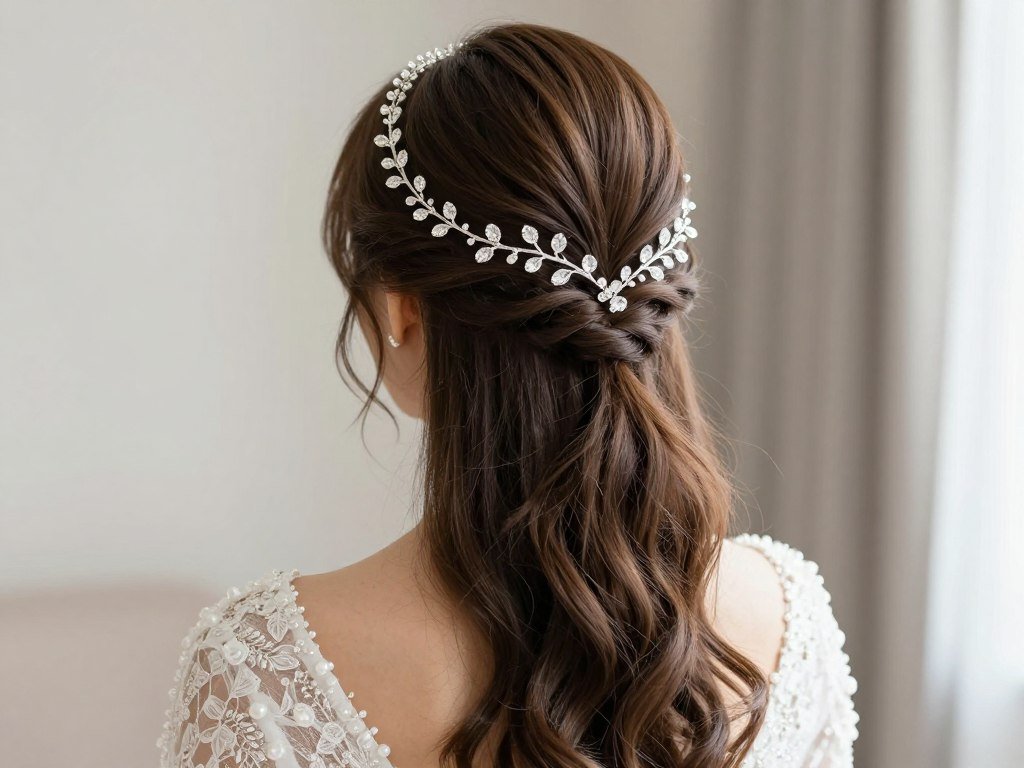Crystal hair vine with half up half down wedding hairstyle