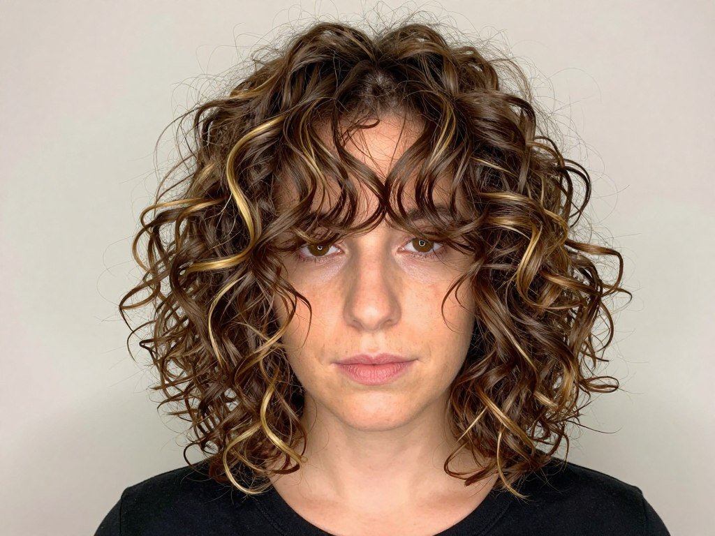 Curly brown bob with golden highlights following curl pattern Curly brown bob with golden highlights following curl pattern