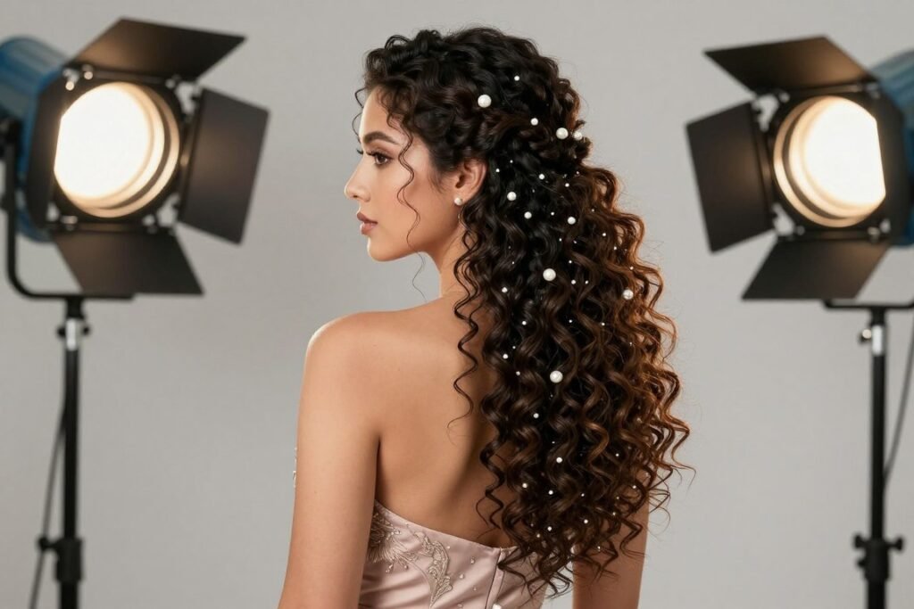 Curly half up half down weave styled for a formal occasion with accessories Curly half up half down weave styled for a formal occasion with accessories