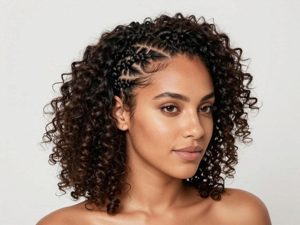 Curly half up half down weave with braided accent Curly half up half down weave with braided accent