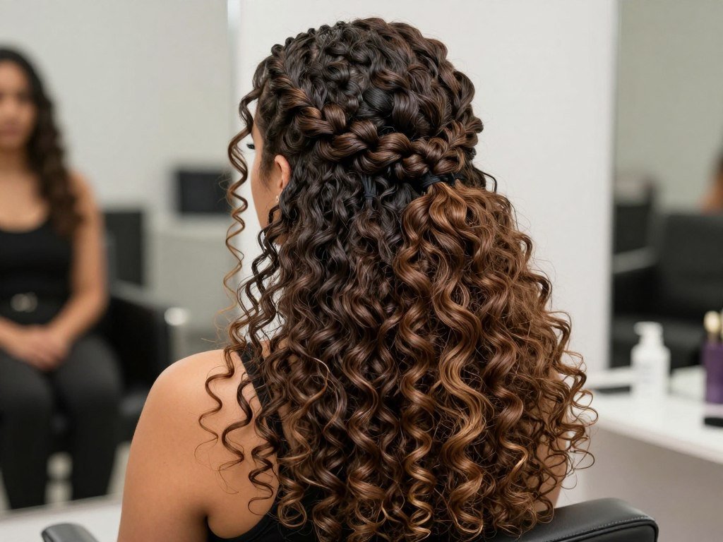 Curly half up half down weave with bubble ponytail detail Curly half up half down weave with bubble ponytail detail