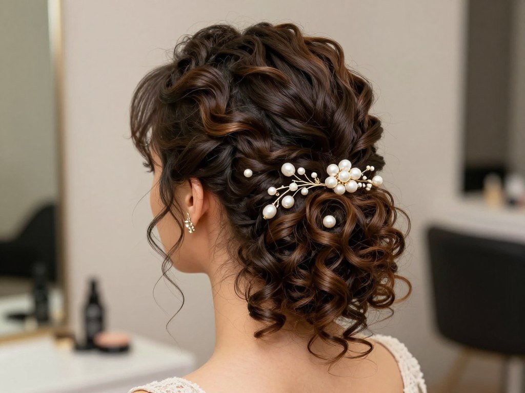Curly half up half down weave with elegant hair accessories Curly half up half down weave with elegant hair accessories